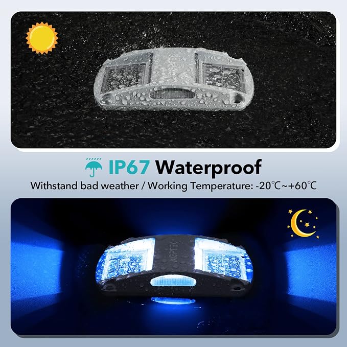 AGPTEK Solar Driveway Lights 12 Pack, Outdoor Deck Dock Marine Waterproof | LED Solar Powered Driveway Marker Lights for Warning Step, Sidewalk, Pathway, Garden, Yard (Blue Light)
