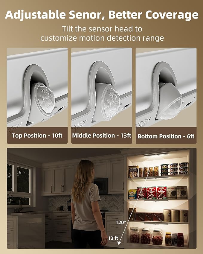 EZVALO 13inch Motion Sensor Closet Lights, 2 Pack Rechargeable LED Lights with Rotatable Sensor, Glare-Free, 3 Color Temps & Dimmable, Magnetic Cabinet Lighting for Closet, Pantry, Stairs