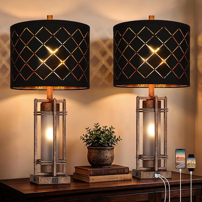 WIHTU Vintage Finish Table Lamp Set of 2 with USB Ports, Metal Desk Lamps | Black Grid Shade, Square Base, LED Bulbs Included E26 Base, with USB Port, Rocker Switch, Desk Lamps for Living Room, Bedroom