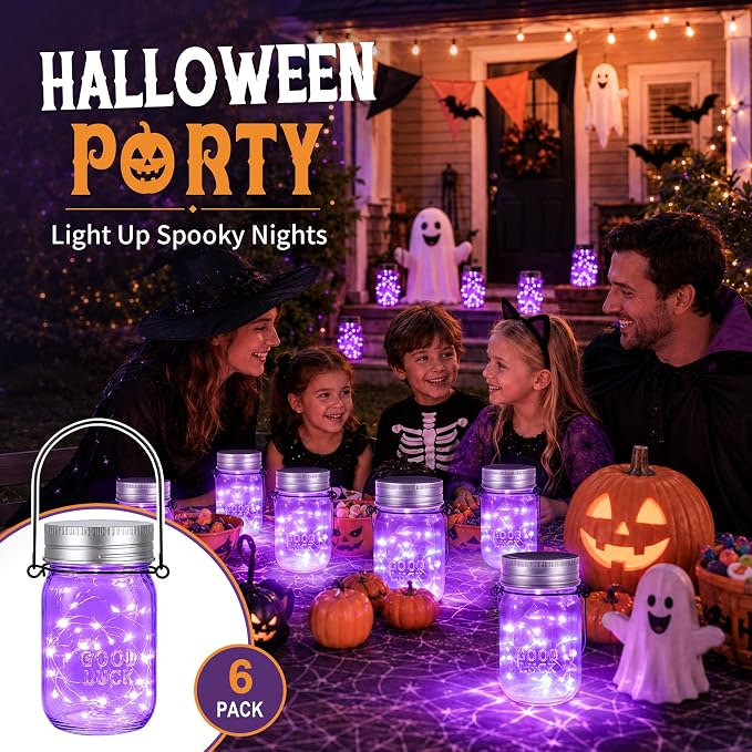 GIGALUMI Hanging Mason Jar Solar Lights 6 Pack for Halloween Decorations | Hanging Solar Lanterns Waterproof, 30 Led Hangers and Jars Included, Outdoor Decor for Porch, Pathway, Yard, Halloween Party