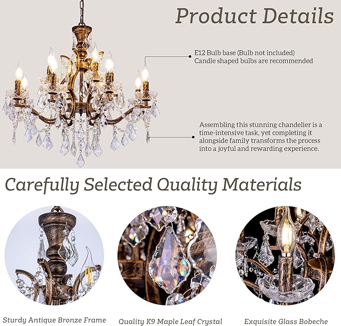 TOCHIC Vintage Chandelier for Living Room, 12 Lights Crystal Chandelier for Dining Room, 27.6" D Antique Bronze French Chandeliers Candle High Ceiling Pendant Light for Bedroom Kitchen Foyer Entryway