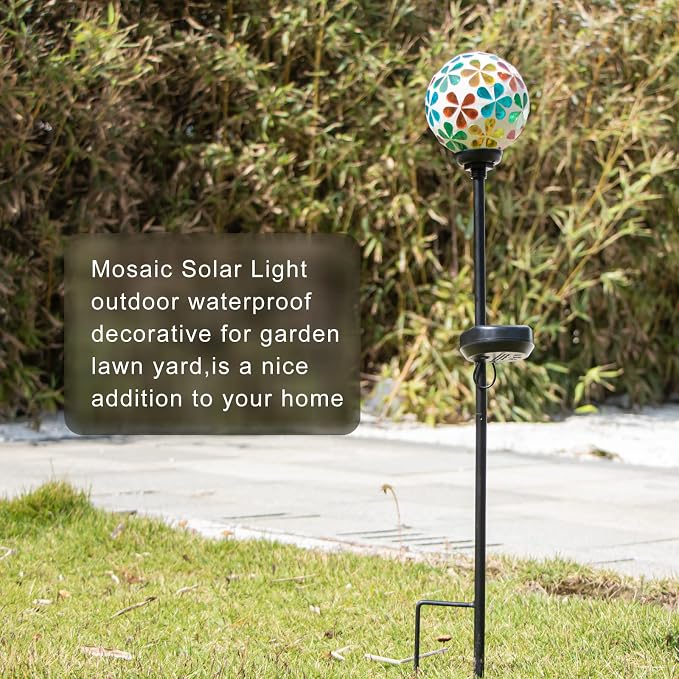 VCUTEKA Decorative Solar Garden Lights, 3.5" Mosaic Globe Outdoor Stake | Mosaic Glass Globe Design, Solar LED Light, Waterproof Design, Auto On/Off and Metal Stake Design for Lawn and Patio