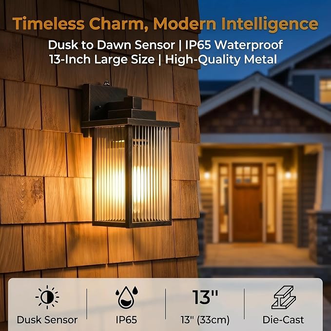 2-Pack 13-Inch Dusk to Dawn Outdoor Light, Black Brush Gold Metal | Auto On at Dusk, Off at Dawn. Textured Glass Softens Glare. Waterproof Rust-Resistant Metal. Pre-Assembled DIY Install