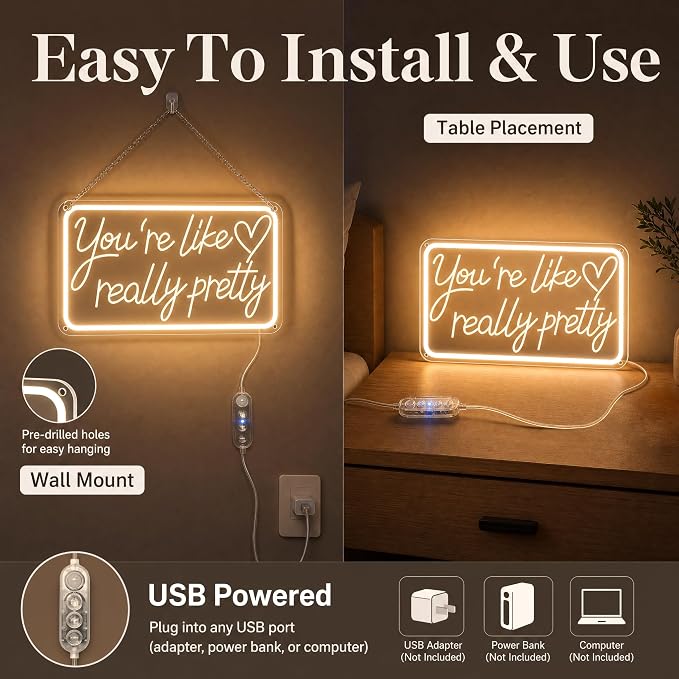 You'Re Like Really Pretty Neon Sign, Warm White Led Neon Signs for Wall Decor,You'Re Like Really Pretty Led Light Sign for Girls Room Vanity Bedroom Offices Decor Boutique Really Her Signs
