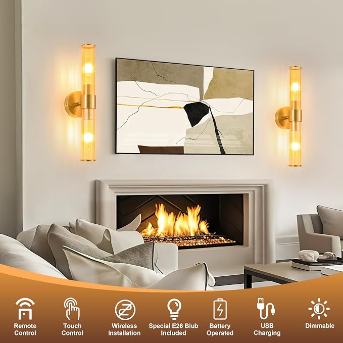 Morauroral Gold Battery Operated Wall Sconces Set of 2, Rechargeable Wall Lights with Remote Control, 20 Inch Modern Wireless Wall Lamp for Bedroom, Living Room with Amber Shade (Bulbs Included)