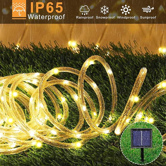Solar Rope Lights Outdoor Waterproof, 33FT 135 LED Solar String Lights for Outside 8 Modes, Warm White Solar Powered Fairy Light for Pool Trampoline Garden Patio Party Holiday Decorations