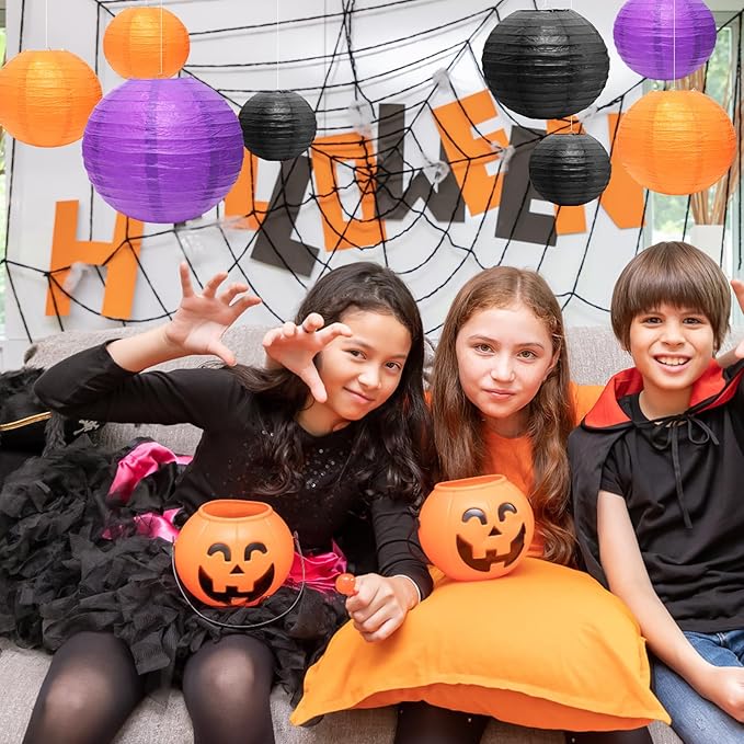 21 Pcs Paper Lanterns Party Decorations, 4/6/8/10 Inch Orange Black Purple Hanging Paper Lanterns for Halloween Decorations, Horror Party, Spooky Home Ceiling Decor Indoor Outdoor