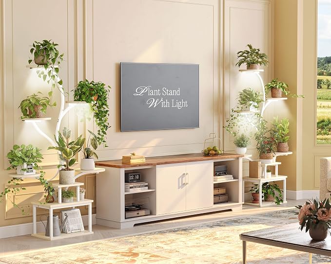 51 Inch Plant Stand with Grow Lights, 8 Tiered Indoor Plant Shelf | Corner Plant Rack with Larger Flower Holder, Curved-tubed Design, 3 Light Modes, for Living Room, White