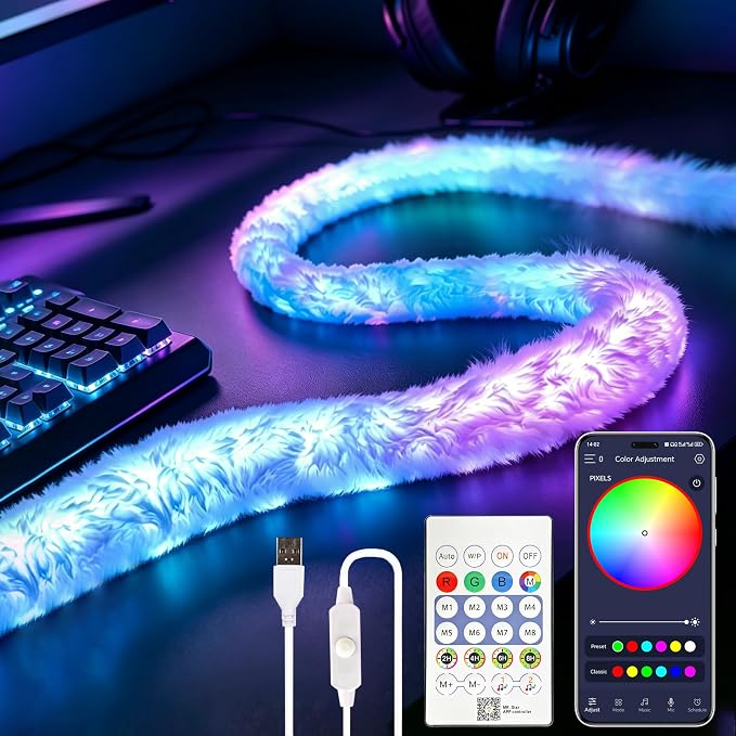 5V USB Plush LED Neon Rope Light, 6.6ft RGB+IC 360° Luminous Smart LED Strip Lights with APP/Remote Control, Music Sync Mode,Cozy Flexible Décor LED Light Strip for Dream Bedroom,Games Room