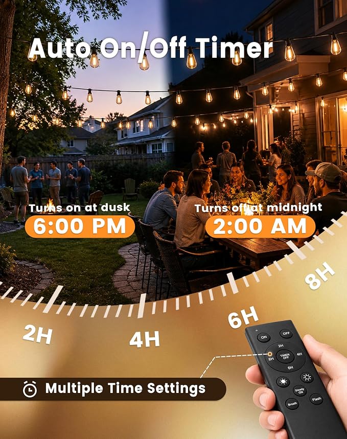 30FT(24+6) Outdoor LED String Lights with 2FT Bulb Spacing, Waterproof, Shatterproof, Dimmable, Warm White, 3 Lighting Modes, Timer, Plug in Hanging Backyard Lights for Outside, Patio