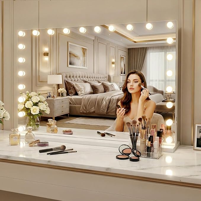 FENCHILIN Vanity Mirror with Lights 47'' x 35'' Tempered Glass Super Large Hollywood Mirror with 24 Dimmable Bulbs for Makeup Table/Hanging Bluetooth Speaker Mirror with Touch Screen & USB Charge Port