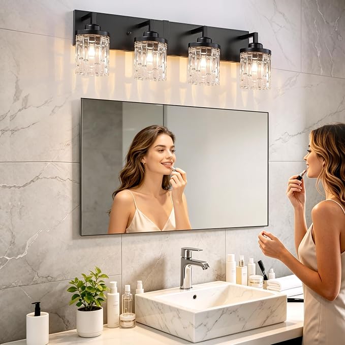 maesta Black Bathroom Light Fixture,4 Light Modern Vanity Light Over Mirror | Modern Vanity Light, Black Metal & Crystal Glass Fixture, Anti-Rust, Easy to Install for Bathroom Hallway Bedroom Entryway