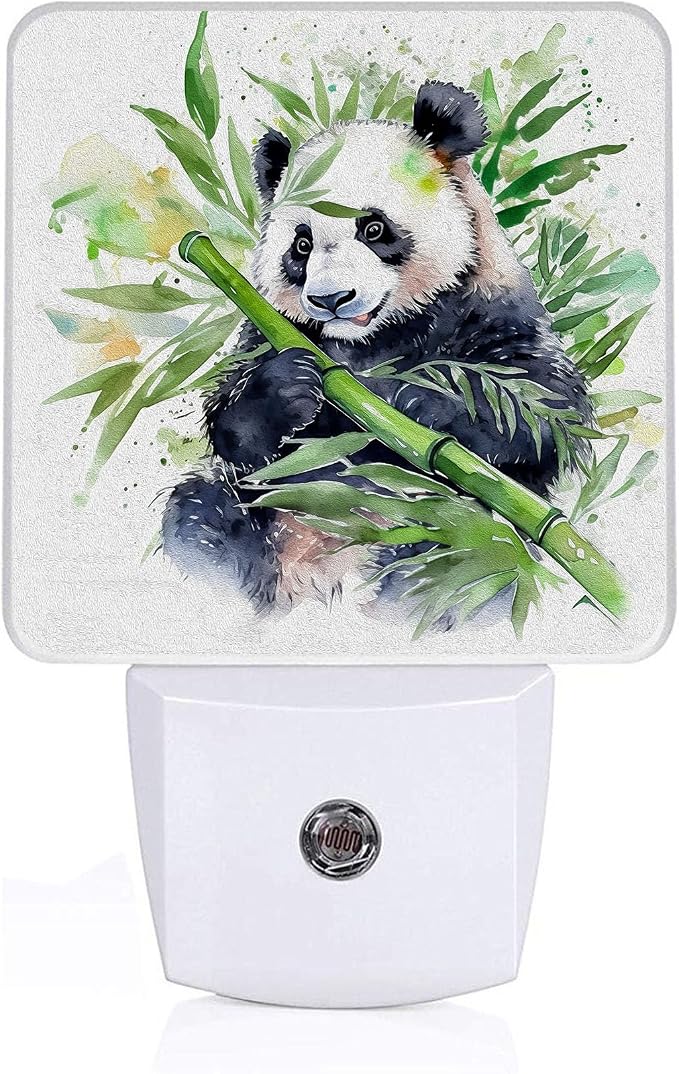 Watercolor Panda Bamboo Night Light, Plug-into Wall Cute Animal Asian Bear Nightlight Lamp with Dusk to Dawn Sensor, Led Lamp 0.5W Energy Efficient for Boys Girls Adults Home Decor