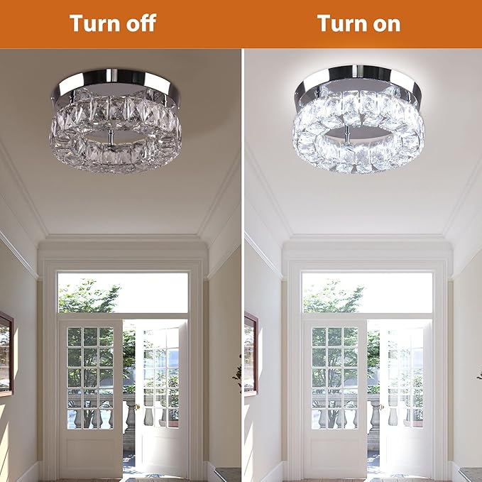 9.8" Crystal Flush Mount Ceiling Light Fixtures LED Round Mini Chandelier Light Fixture Ceiling Lamp for Kitchen Hallway Foyer 15 W 6000K