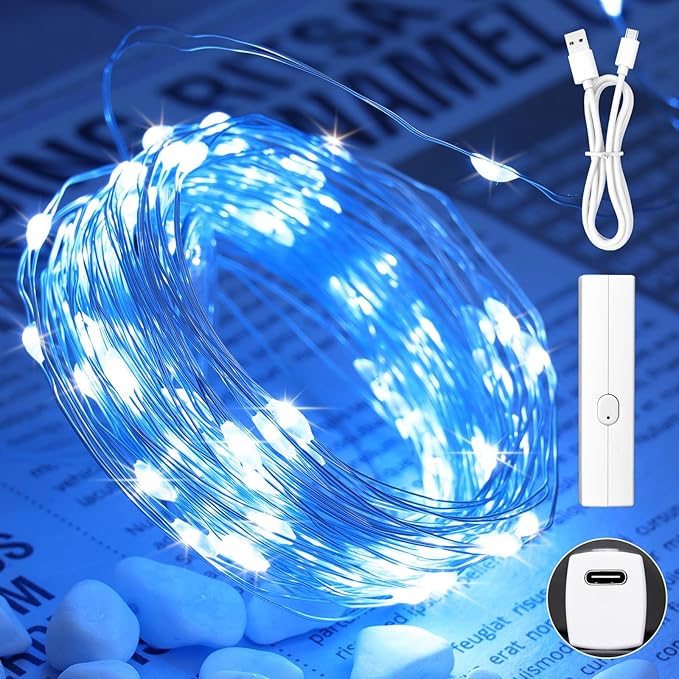 16FT(5M) Blue Fairy Lights, Rechargeable Battery Operated Mini LED String Lights with Timer, 8 Modes Waterproof Twinkle Lights for Bedroom Christmas Xmas Tree Wedding Centerpiece Table Decor