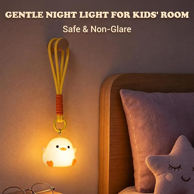 UNEEDE Mini Duck Night Light with Lanyard, 8 Color Changing Rechargeable | Portable Mini Night Light for Kids, Soft Silicone Duck Squishy Cute Lamp for Bedroom & Camping, Gifts