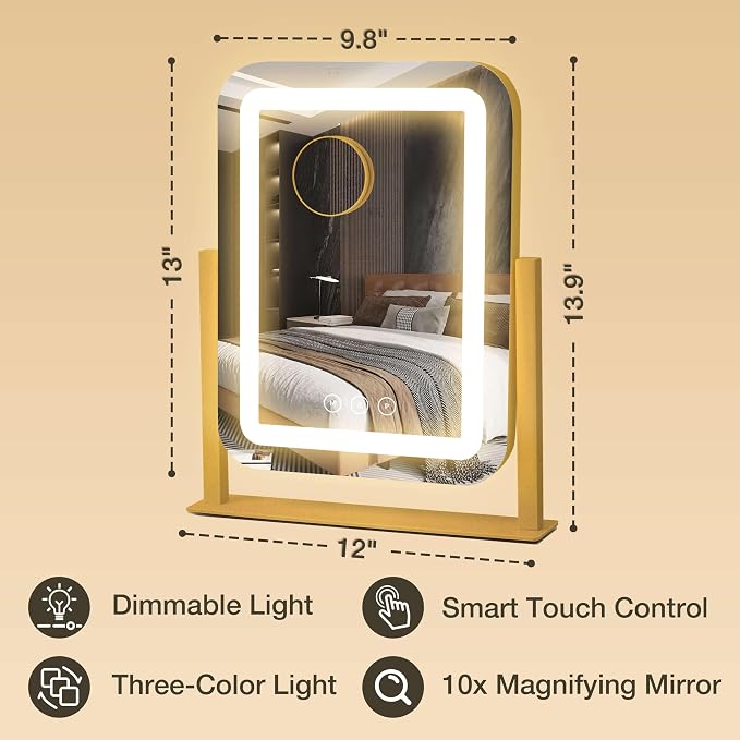 12"×13.9" Vanity Mirror with Lights, LED Makeup Mirror | Smart Touch, 3 Dimmable Colors, Memory Function, 10X Magnifying, for Desk, Bedroom, Dorm, Vanity