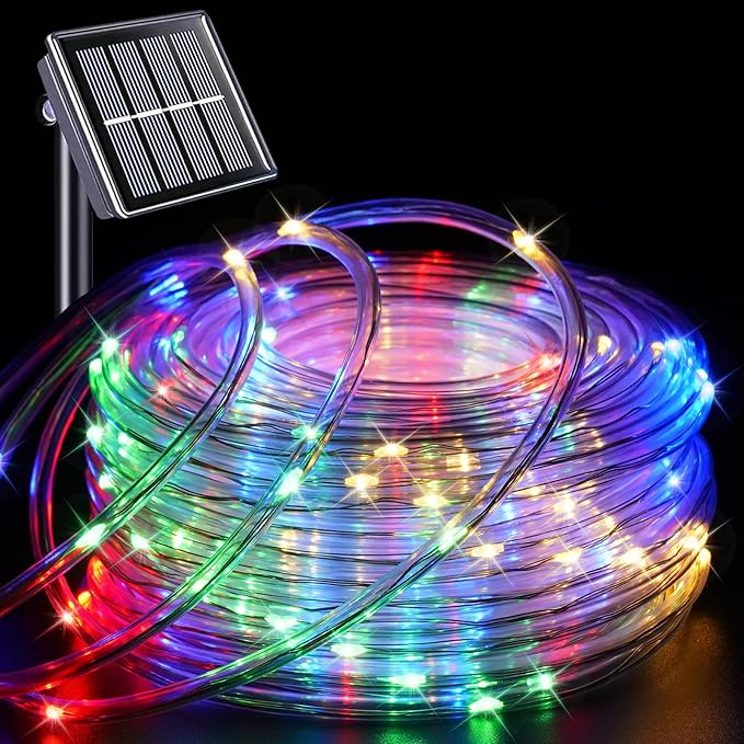 YEGUO Solar Rope Light Outdoor Waterproof, 66ft 200 LED Multicolor String Lights, 8 Modes Tube Christmas Lights in Clear Thin Tube
