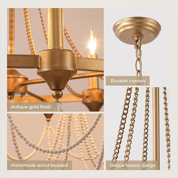 Boho Beaded Chandelier Farmhouse Rustic Candle Style Hanging Light Fixtures French Country Chandeliers Lighting for Dining Room Foyer Kitchen Entryway Antique Gold Chandelier 6-Lights W25.6
