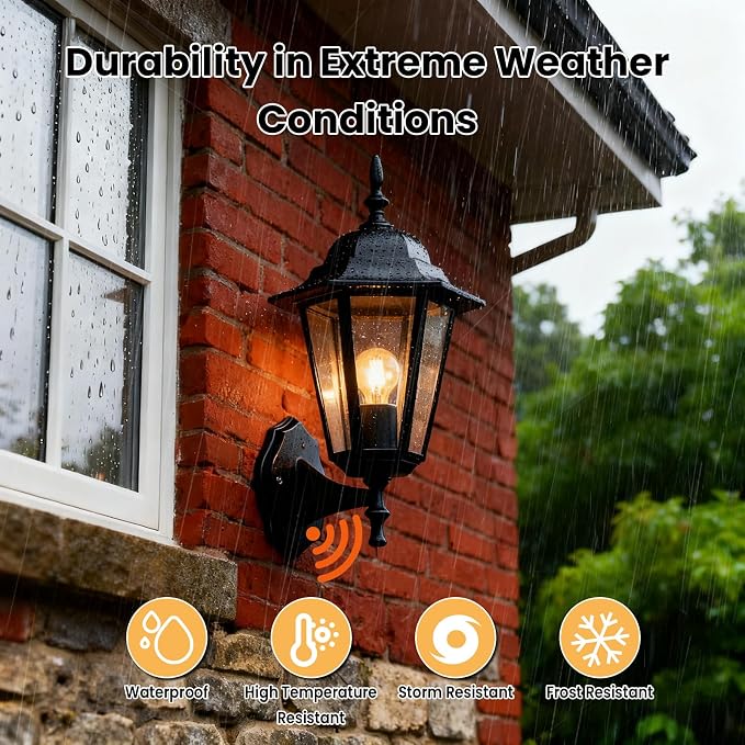 14.4"H Dusk to Dawn Outdoor Wall Light, Black Exterior Garage Lighting Fixtures, Outdoor Porch Light Wall Mount, Modern Outside Wall Lantern Sconce Sensor Dusk Dawn Light for House, 2 Pack, E26 Base