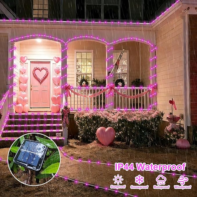 QITONG Pink Solar Rope Lights Outdoor, 2 Pack Each 33ft 100 LED String Light, 8 Modes Fairy Lights in Clear Thin Tube with 8 Modes
