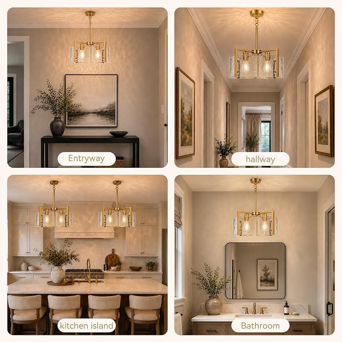 17.7 Inch Gold Chandeliers for Dining Room, Adjustable Height | 4-Light Vintage Entryway Light Fixture, Glass Pendant Lights for Kitchen Island Foyer Bedroom Bathroom