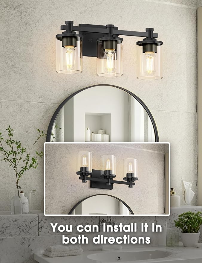 Bathroom Light Fixture, Bathroom Vanity Light Over Mirror, 3-Lights | Vanity Lights for Bathroom, Modern Lighting Fixtures with Clear Glass Shade, Black Vanity Lights, ETL Listed, 17inch