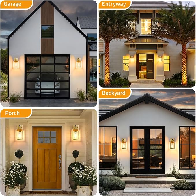 2 Pack Gold Motion Sensor Outdoor Light Fixtures Wall Mount, Dusk to Dawn Front Porch Lights for House, Exterior Wall Sconce, Waterproof Lantern Lamp,Outside Coach Light for Garage Entryway Yard