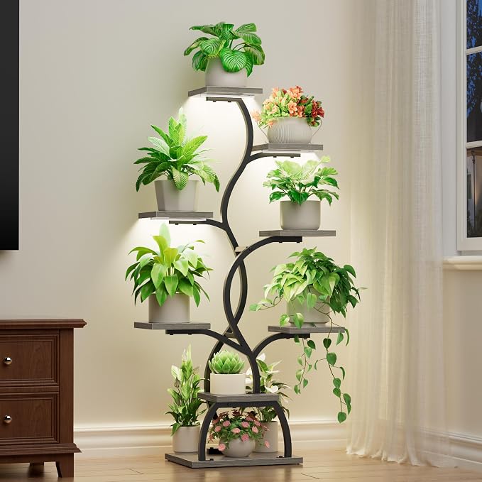 Plant Stand Indoor with Grow Light - 8 Tiered Corner Plant Shelf Indoor | 49" Plant Holder with Lights for Indoor Growing, Tall Lighted Flower Stand for Living Room, Balcony, Gray