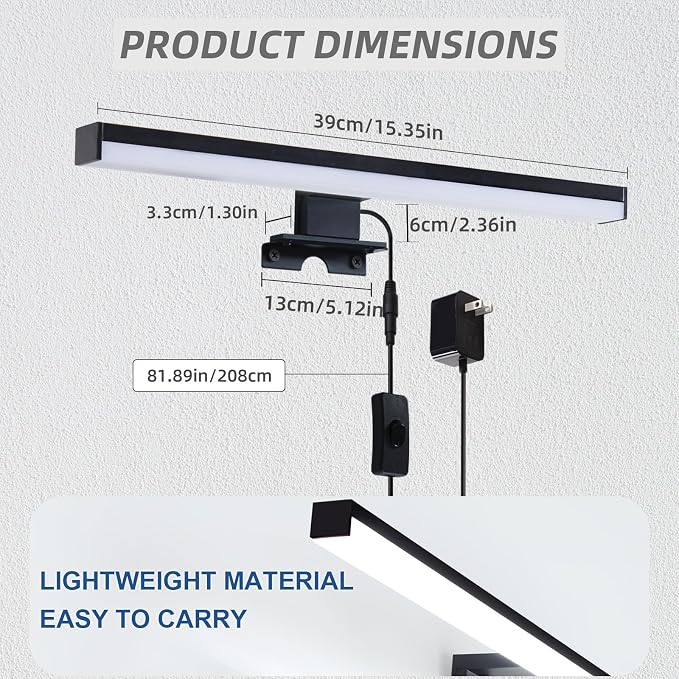 15" Plug in Bathroom Light Fixtures,Vanity Lights Bar,Picture Light | Modern Black,Non-Dimmable,6700K,with Switch,LED,Over Mirror,Wall Lights,Make up light,for Bedroom/Art/Poster/Cabinet