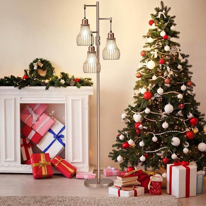 Ziisee Dimmable Floor Lamps for Living Room, Industrial Tree Standing Tall Lamps with 3 Elegant Cage Shade & 800 Lumens LED Bulbs for Bedroom Office - Brown
