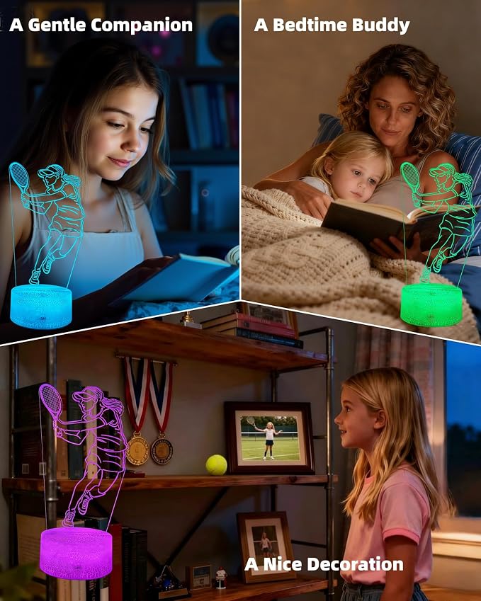 Tennis 3D Illusion Night Light Gift for Girls, 16 Colors Changing | Dimmable, Touch & Remote Control, Room Bedroom Décor, Birthday Christmas Kid Teen Women Ball Player Sport Fan Lamp