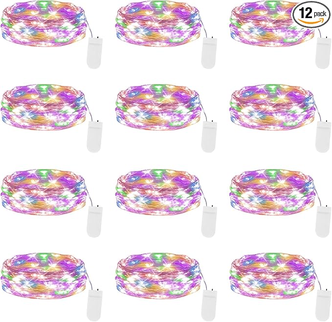 Lakumu 12 Pack Fairy Lights Battery Operated String Lights -7FT 20LED Fairy Lights Silver Wire Firefly Starry Moon Lights for DIY Decorations Party Wedding Centerpiece Table Decor Multicolor