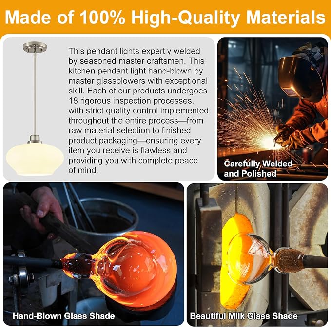 Modern Pendant Lights Kitchen Island, Brushed Nickel Pendant Light Fixtures with 11" Milk Glass Shade, Industrial Hanging Pendant Lights Fixture for Kitchen Island Dining Room Bedroom Hallway Entryway