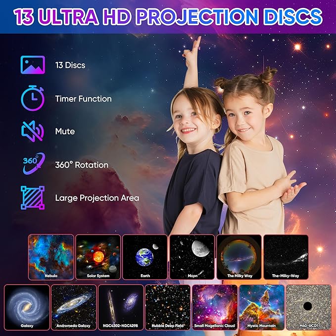 Galaxy Projector, 13 in 1 HD Planetarium Star Projector for Bedroom, 360 Rotating Star Projector Light with Adjustable Knob and Timer for Kids, Ceiling, Gifts, Room Decoration