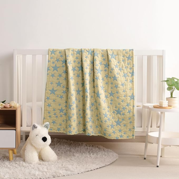 NTBAY 3 Layer Oversized Muslin Toddler Blanket, 45 x 60, Blue Yellow Star | Muslin Cotton Outer Layers with Light Thermal Fiber Fill, Reversible Blanket for Daycare, Travel, Naps, and Supervised Use