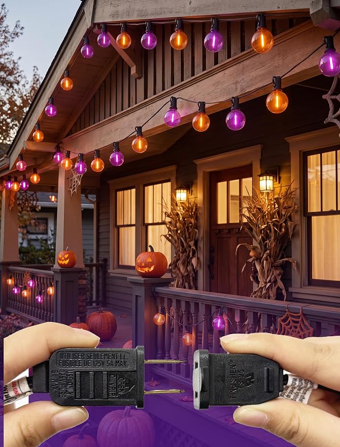 25FT G40 LED Outdoor Halloween String Lights, Orange and Purple Halloween Decorations Lights with 27 Shatterproof Globe Bulbs(2 Spare), Hanging Patio Lights for Holiday Balcony Backyard Party Garden