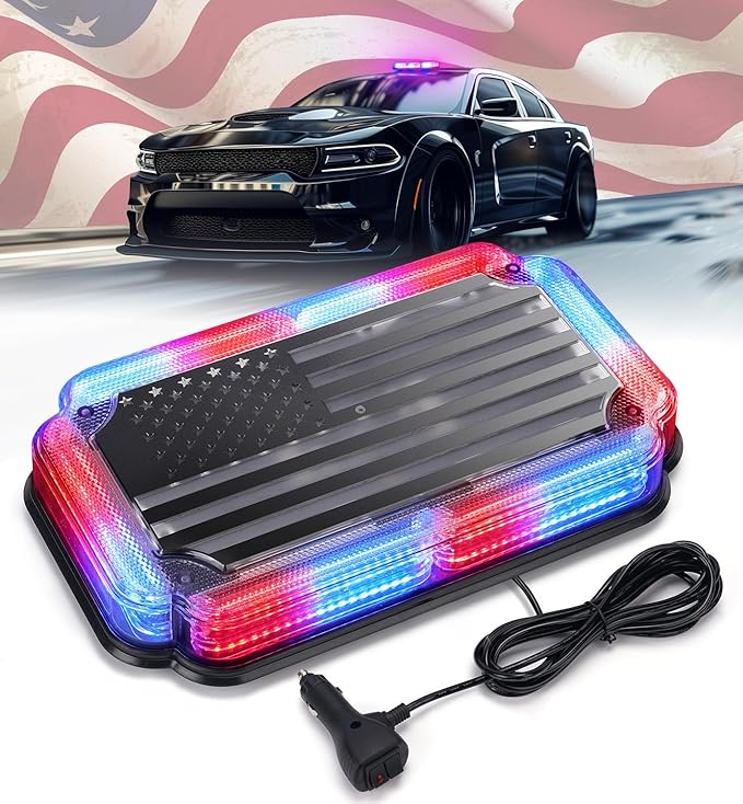 Xprite 108 LED Roof Top Strobe Light, US Flag Pattern Police Flashing Light, Emergency Hazard Warning LED Mini Strobe Lightbar w/Magnetic Base for Police Cop Firefighter EMS Vehicles Truck, Red Blue