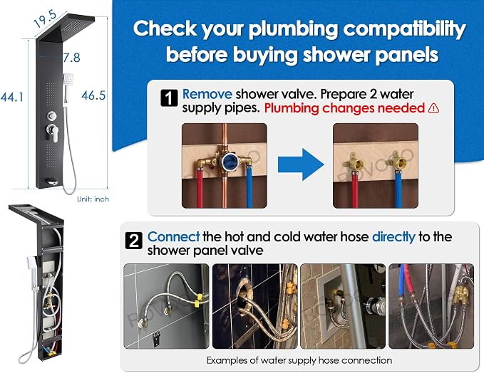 ROVOGO Shower Panel Tower System with 4 Shower Modes, 46.5", No Led Lights | Rainfall Shower Head, 2 Body Jets, Handheld and Tub Spout, Stainless Steel Shower Column with Brass Mixing Valve, Black