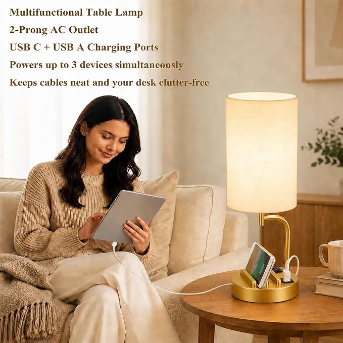 Dreamholder Touch Control USB Table Lamp with USB C/A & AC Outlet, 3-Way Dimmable Bedside Lamp, Modern Nightstand Lamps for Bedroom Living Room Guest Room Office, Bulb Included, Gold