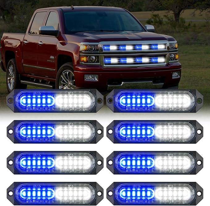 Nilight 8PCS Led Strobe Lights 12LED Blue White Emergency Light 12V 24V Surface Mount Flashing Warning Hazard Beacon Ultra Slim Sync Feature Mini Grille for Cars Trucks Off Road Vehicles SUV