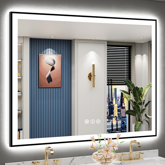 50x40 Black LED Bathroom Mirror, Backlit & Front Lit Lighted Mirror | Metal Framed Anti-Fog Vanity Mirror with Lights, 3 Color Dimmable, Memory, HD Tempered Glass, CRI95, UL Listed, Wall Mounted