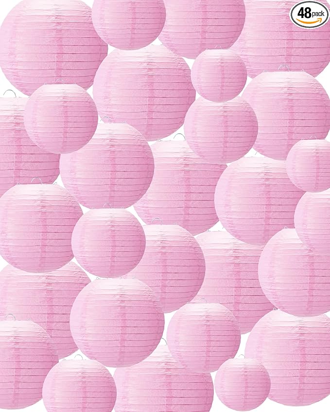 Treela 48 Pcs Paper Lanterns Party Decorations Chinese Round Paper Decor 4/6/8/10 Inch Asian Hanging Lamps Decorative for Graduate Wedding Birthday Party Bridal Parties Supplies (Pink)