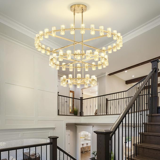 3 Tier Gold Wagon Wheel Chandelier,Extra Large High Ceiling Light,124-Light Round Chandeliers for Foyer Entryway Dining Room Living Room (Dia 59"+40"+24")