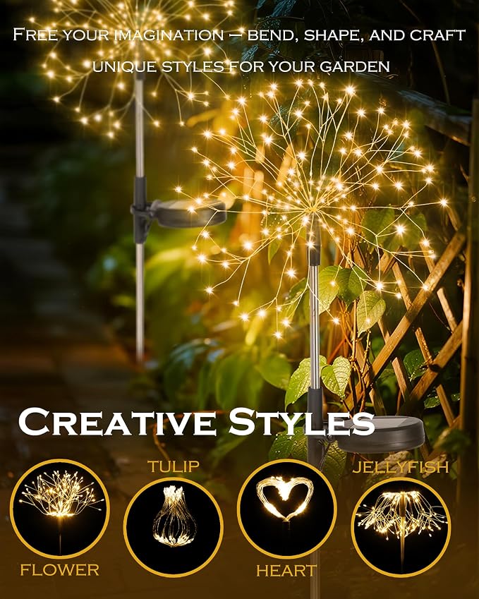 Solar Garden Lights Outdoor Yard Decorations, 8 Pack 150Leds Pathway Lights, Fairy Firework Stake Light for Garden, Patio, Pathway, Flowerbed Gold Color