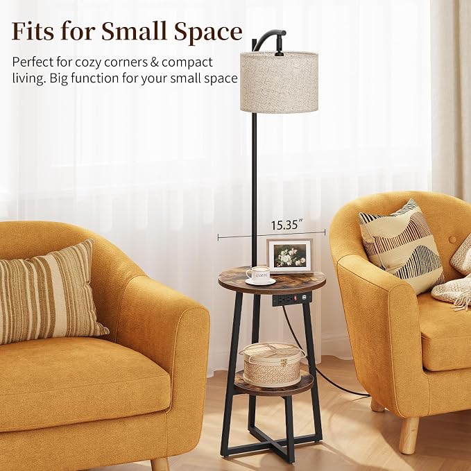 Yoobure Floor Lamp with Table - Farmhouse Night Stand with Charging Station | Side Table with Floor Lamps for Living Room, Bedroom, End Table with Lamp Attached 3 Color Temperatures Bulb, 2 Tier Shelves