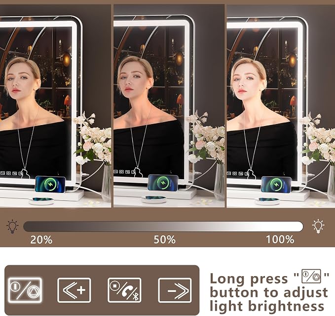 Hasipu Vanity Mirror with Lights and Bluetooth Speaker, 20" x 25" LED Makeup Mirror, Light up Mirror with 10X Magnification and USB Charging Port, Smart Touch 3 Colors Dimmable (White)