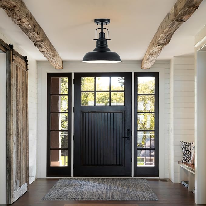 Zlepmlla Famrhouse Ceiling Light, Semi Flush Mount Light Fixture with Metal Dome Shade, Balck Ceiling Light for Hallway, Entryway,Kitchen