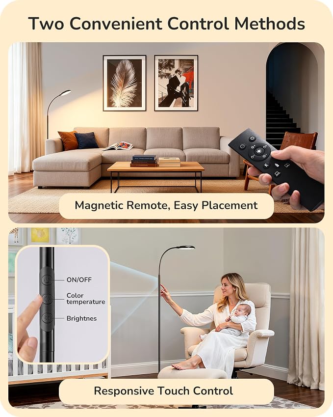 EDISHINE LED Floor Lamp 1300LM Super Bright Reading Floor Lamps Black | Dimmable, 4CCT, Remote & Touch Control, Adjustable Gooseneck, Dual Timer Design, for Bedroom, Living Room, Office