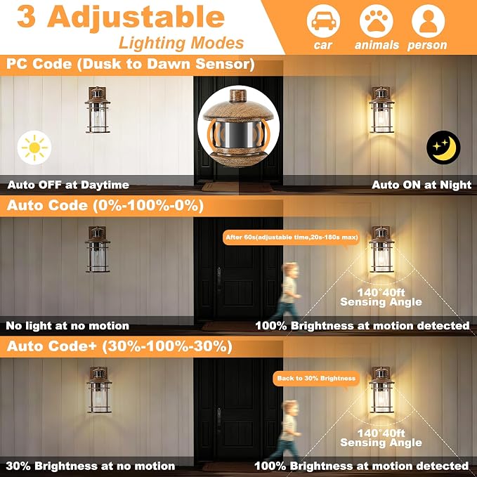Motion Sensor Outdoor Wall Lights-Dusk to Dawn Porch Light,Faux Wood Grain Outdoor Lights Fixture,3 Lighting Modes Waterproof Anti-Rust Outdoor Lights for House Porch Garage (2 Pack